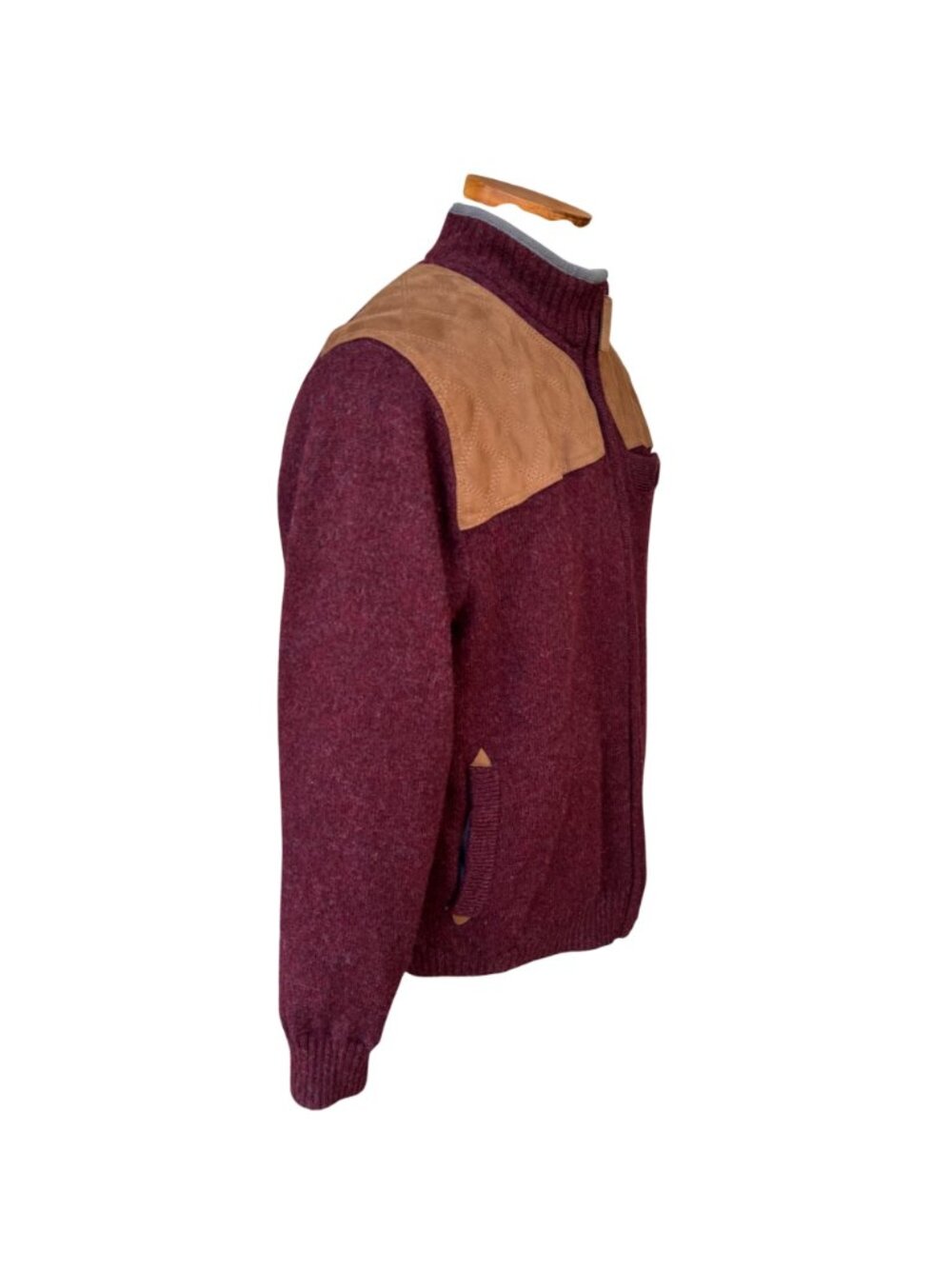 Duluth Trading Mens Shetland Wool Blend Zip-Up Jacket Burgundy 2XL Suede Accents - Picture 6 of 15